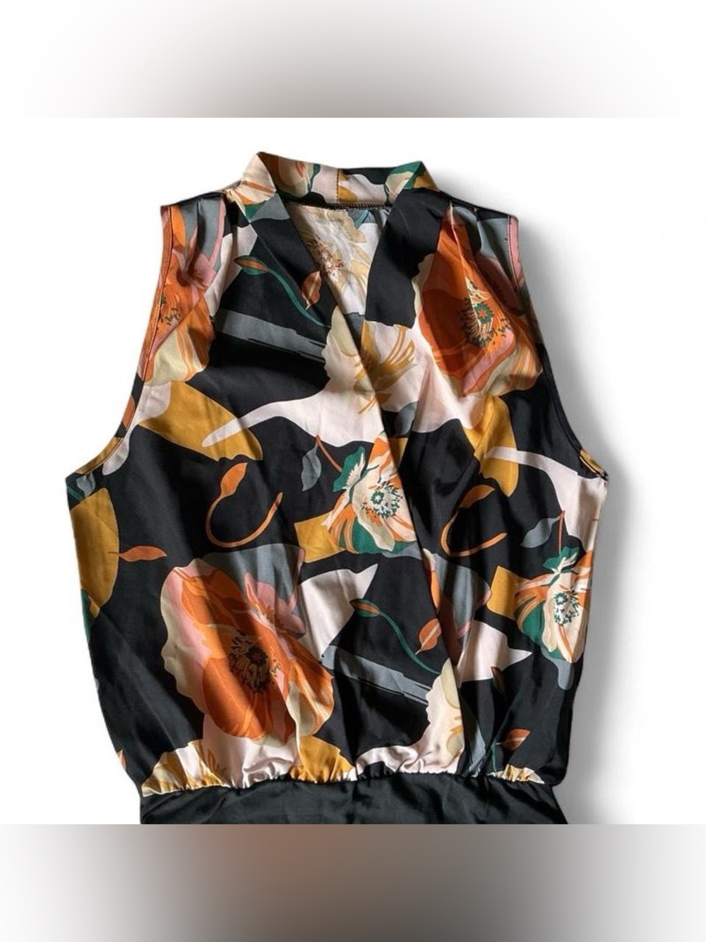 Sleeveless Floral V-Neck Blouse - Black with Orange & Cream Floral